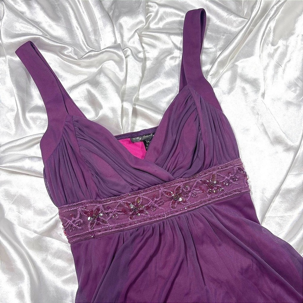 y2k City Triangles Formal Dress Purple Beaded Empire Waist High Low
